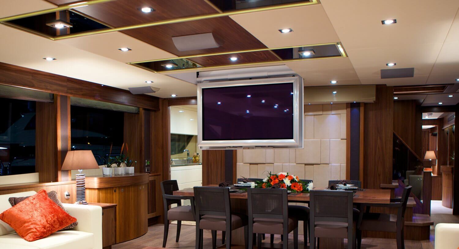 MDfx Ltd luxury yachts Interior Design by MDfx luxury on-board cinema with concealed tv screen in ceiling