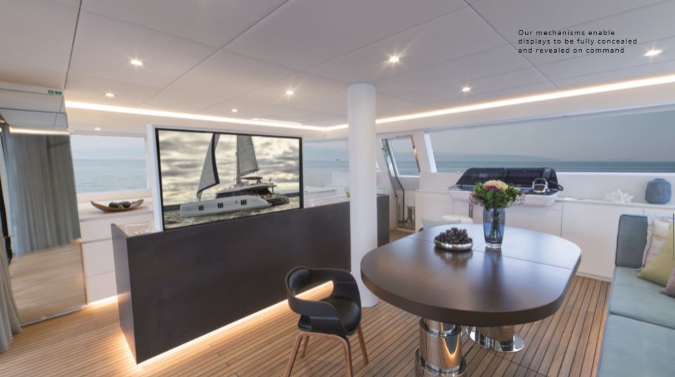 Mdfx Ltd luxury yachts Interior Design by MDfx luxury on-board cinema with concealed tv screen bespoke yacht
